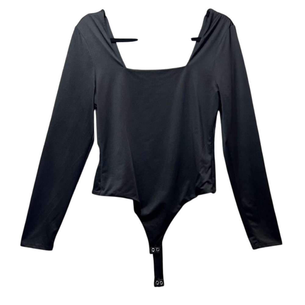 Crave Fame Bodysuit Square Neck Long Sleeve Snap Crotch‎ Black Size L